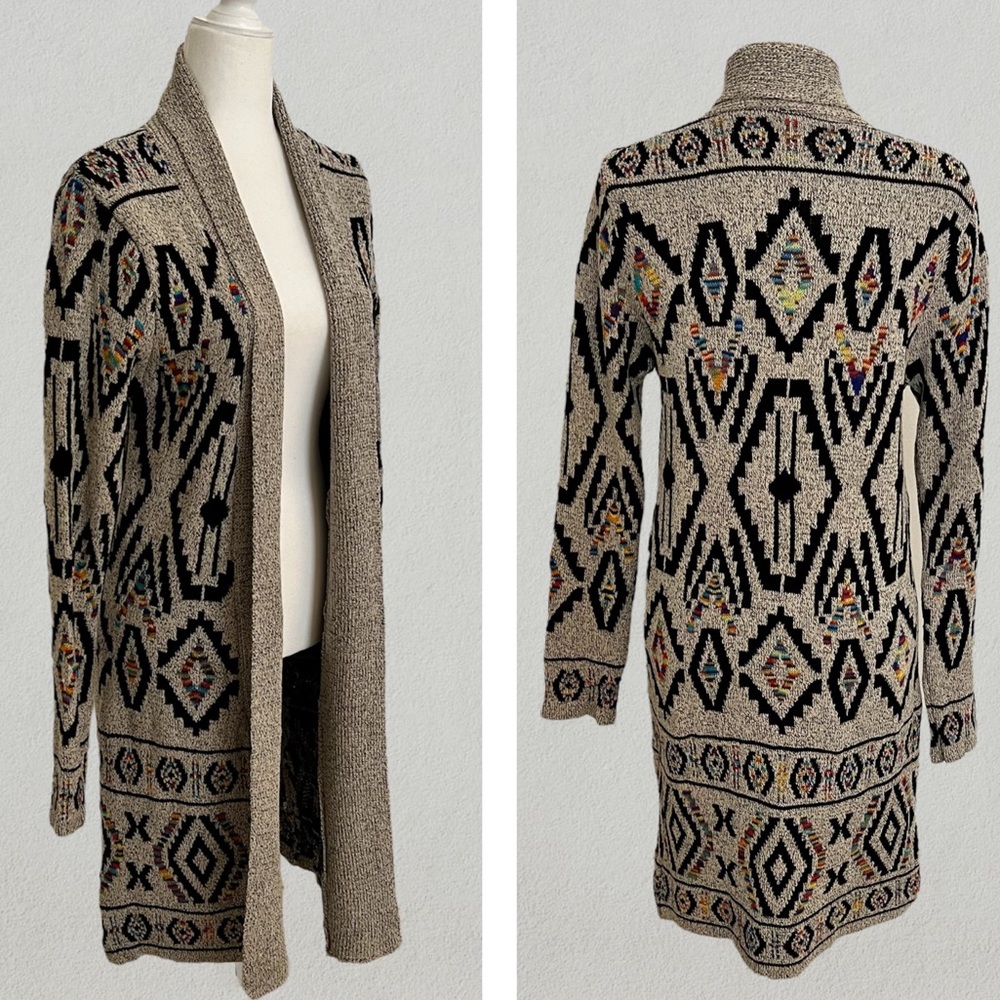 Aztec Print Cardigan Long Open Front Knit Sweater Tribal Native Pattern New - Picture 6 of 6